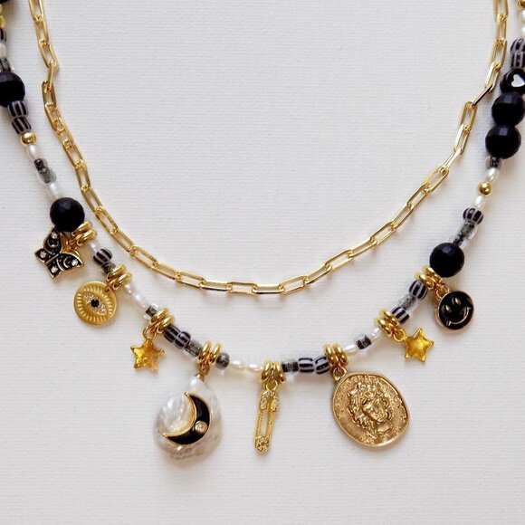 new! charm necklace beaded choker layered  freshwater pearl paperclip link chain - Picture 4 of 8